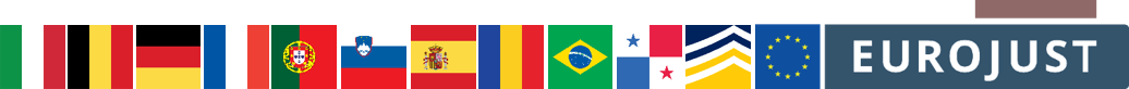flags of italy, belgium, germany, fance, portugal, slovenia, spain, romania, brazil, panama and logos of Europol and Eurojust